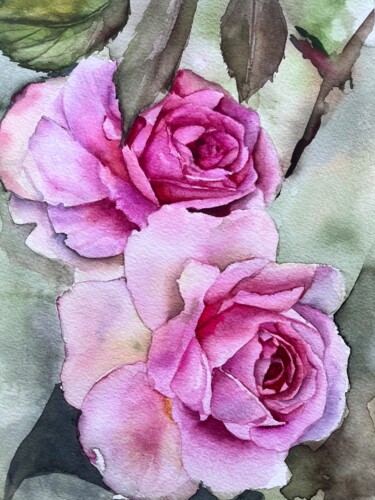Картина под названием "Pink rose watercolo…" - Natalia Yangalycheva, Подлинное произведение искусства, Акварель