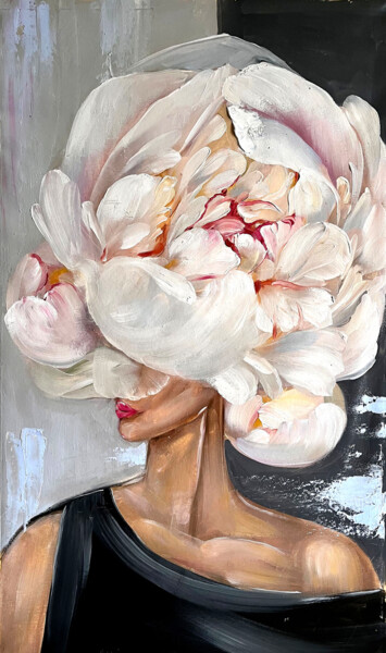 Peinture intitulée "Girl and peony pain…" par Natalia Yangalycheva, Œuvre d'art originale, Huile