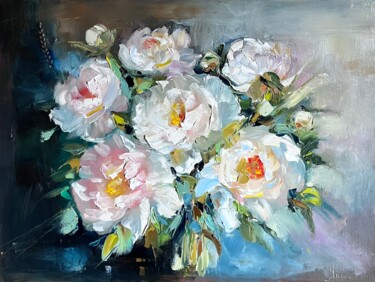 Painting titled "White peony oil pai…" by Natalia Yangalycheva, Original Artwork, Oil