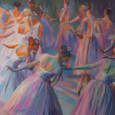 Painting titled ""Pink Rhythms"" by Natalia Baykalova, Original Artwork, Oil Mounted on Wood Stretcher frame