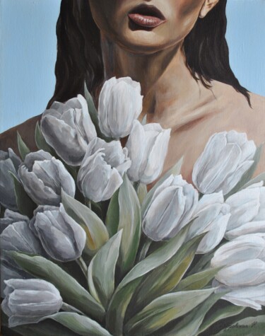 Pintura intitulada "Girl with tulips" por Nataliia Dubrovskaia, Obras de arte originais, Acrílico