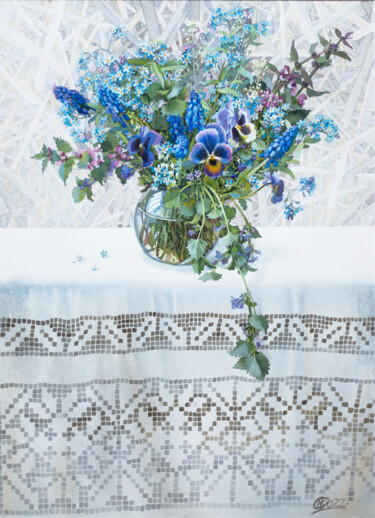 Картина под названием "Blue Flowers of Ukr…" - Natalia Kohal, Подлинное произведение искусства, Акварель