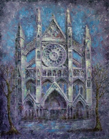 Painting titled "“Westminster Abbey”" by Natalie Aleksejeva (NatalieVerve), Original Artwork, Oil Mounted on Wood Stretcher…