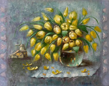 Painting titled "Yellow Happiness" by Natalie Aleksejeva (NatalieVerve), Original Artwork, Oil Mounted on Wood Stretcher fra…