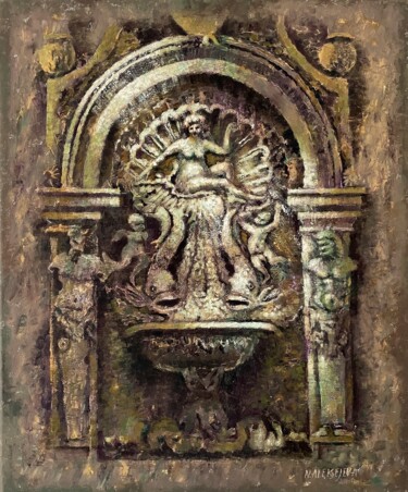 Painting titled "Fairy fountain" by Natalie Aleksejeva (NatalieVerve), Original Artwork, Oil Mounted on Wood Stretcher frame