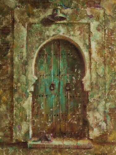 Painting titled "Old door and mouse" by Natalie Aleksejeva (NatalieVerve), Original Artwork, Oil