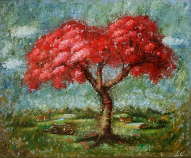 Pintura intitulada "''Blooming pomegran…" por Natalie Aleksejeva (NatalieVerve), Obras de arte originais, Óleo Montado em Ar…