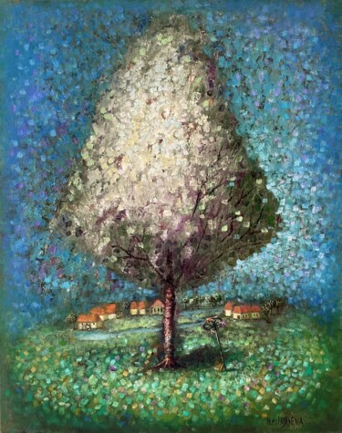 Painting titled "''Pear tree blossom…" by Natalie Aleksejeva (NatalieVerve), Original Artwork, Oil Mounted on Wood Stretcher…