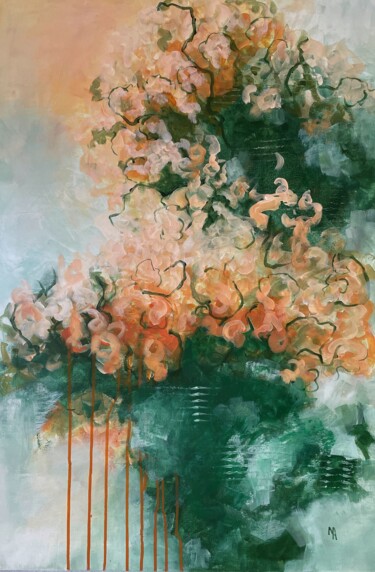 Painting titled "Peach blossom." by Natalie Aleksejeva (NatalieVerve), Original Artwork, Acrylic Mounted on Wood Stretcher f…