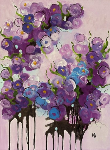 Painting titled "Purple blossoms" by Natalie Aleksejeva (NatalieVerve), Original Artwork, Acrylic Mounted on Wood Stretcher…