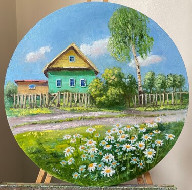 Painting titled "White daisies." by Natalie Aleksejeva (NatalieVerve), Original Artwork, Oil Mounted on Wood Stretcher frame