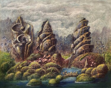 「Gloomy island」というタイトルの絵画 Natalie Aleksejeva (NatalieVerve)によって, オリジナルのアートワーク, アクリル ウッドストレッチャーフレームにマウント