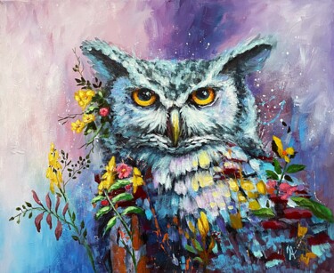 Painting titled "Flower Owl 5." by Natalie Aleksejeva (NatalieVerve), Original Artwork, Acrylic Mounted on Wood Stretcher fr…