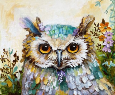 Painting titled "Flower Owl 1." by Natalie Aleksejeva (NatalieVerve), Original Artwork, Acrylic