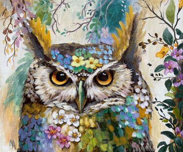 Painting titled "Flower Owl 3." by Natalie Aleksejeva (NatalieVerve), Original Artwork, Acrylic