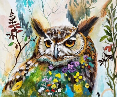Malerei mit dem Titel "Flower Owl 6." von Natalie Aleksejeva (NatalieVerve), Original-Kunstwerk, Acryl