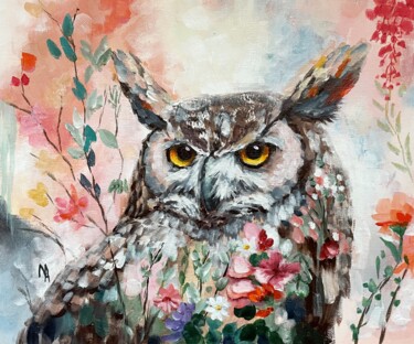 Painting titled "Flower Owl 8." by Natalie Aleksejeva (NatalieVerve), Original Artwork, Acrylic