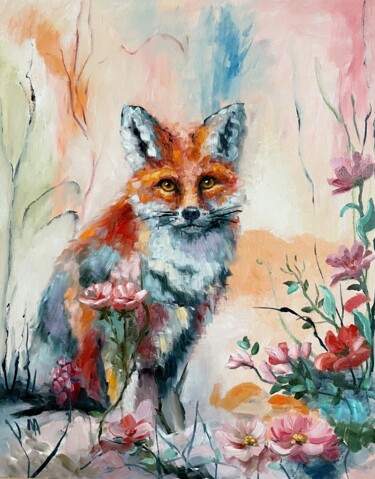Painting titled "Floral Fox" by Natalie Aleksejeva (NatalieVerve), Original Artwork, Oil