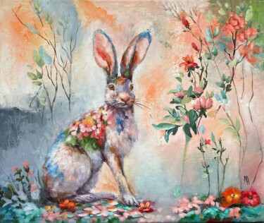 Painting titled "Flower Hare" by Natalie Aleksejeva (NatalieVerve), Original Artwork, Oil Mounted on Wood Stretcher frame