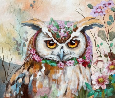 Painting titled "Flower Owl 11" by Natalie Aleksejeva (NatalieVerve), Original Artwork, Acrylic