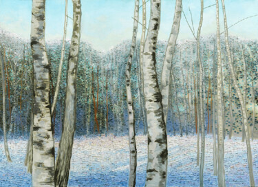 Painting titled "BIRCHES IN WINTER" by Natalie Levkovska, Original Artwork, Oil