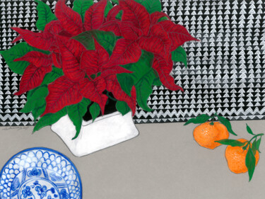 Drawing titled "Red Poinsettia and…" by Natalie Levkovska, Original Artwork, Gouache