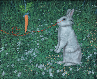 Painting titled "Rabbit in love" by Natalie Levkovska, Original Artwork, Oil Mounted on Wood Stretcher frame