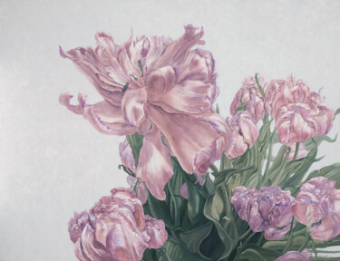 Painting titled "Blooming tulips" by Natalie Levkovska, Original Artwork, Oil Mounted on Wood Stretcher frame