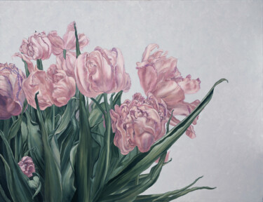 Painting titled "Tulips" by Natalie Levkovska, Original Artwork, Oil Mounted on Wood Stretcher frame