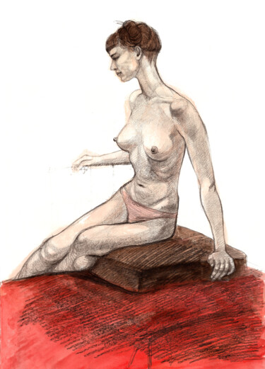 Рисунок под названием "Red Girl" - Natalie Levkovska, Подлинное произведение искусства, Акварель