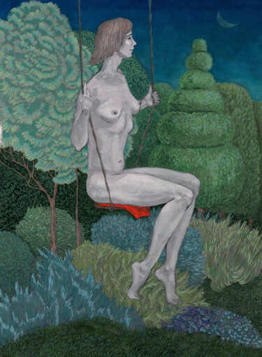 Dessin intitulée "Midsummer Night" par Natalie Levkovska, Œuvre d'art originale, Gouache