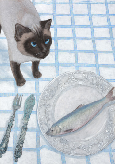 Рисунок под названием "Cat and Herring" - Natalie Levkovska, Подлинное произведение искусства, Гуашь