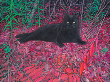 Pittura intitolato "Black cat on a carp…" da Natalie Levkovska, Opera d'arte originale, Olio Montato su Telaio per barella i…