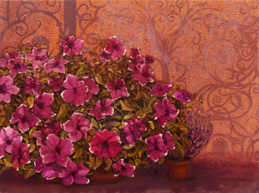 Schilderij getiteld "Petunias on terrace" door Natalie Levkovska, Origineel Kunstwerk, Olie
