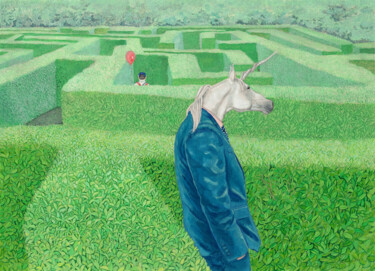 Zeichnungen mit dem Titel "Unicorn in Labyrinth" von Natalie Levkovska, Original-Kunstwerk, Gouache