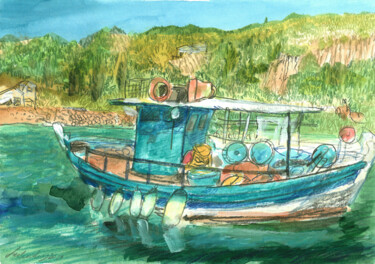 Zeichnungen mit dem Titel "Corfu little boat" von Natalie Levkovska, Original-Kunstwerk, Aquarell