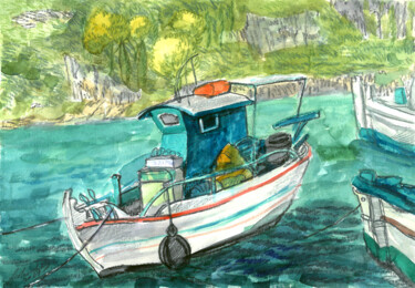 Drawing titled "Corfu green and whi…" by Natalie Levkovska, Original Artwork, Watercolor