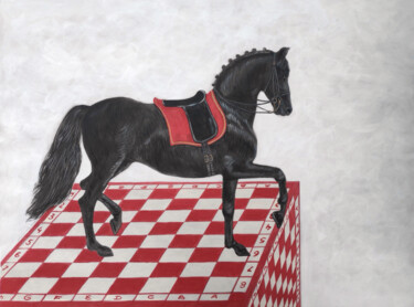 Drawing titled "Black horse on a re…" by Natalie Levkovska, Original Artwork, Gouache