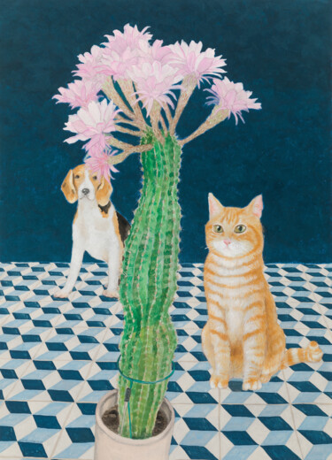 Disegno intitolato "Cactus blooming fest" da Natalie Levkovska, Opera d'arte originale, Gouache