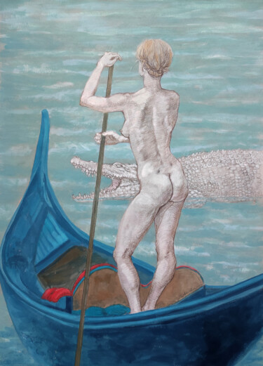 Disegno intitolato "Swimming with allig…" da Natalie Levkovska, Opera d'arte originale, Gouache