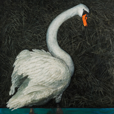Malerei mit dem Titel "Swan at Nightfall" von Natalie Levkovska, Original-Kunstwerk, Öl