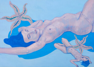 Dessin intitulée "Gerda and Sea Stars" par Natalie Levkovska, Œuvre d'art originale, Gouache