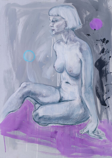 Рисунок под названием "Kristine in purple" - Natalie Levkovska, Подлинное произведение искусства, Темпера