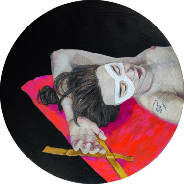 Painting titled "White mask, red line" by Natalie Levkovska, Original Artwork, Oil Mounted on Wood Stretcher frame