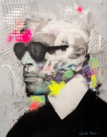 Collages intitolato "Karl Lagerfeld Goin…" da Natalie Otalora, Opera d'arte originale, Collages Montato su Telaio per barell…