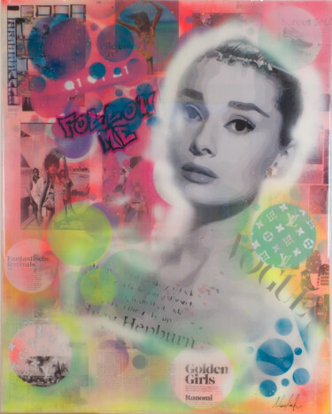 Collages titled "Forever Audrey Hepb…" by Natalie Otalora, Original Artwork, Spray paint Mounted on Wood Stretcher frame