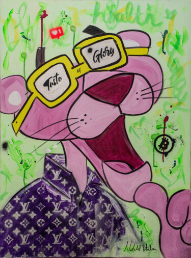 Painting titled "Pink Panther a tast…" by Natalie Otalora, Original Artwork, Acrylic Mounted on Wood Stretcher frame