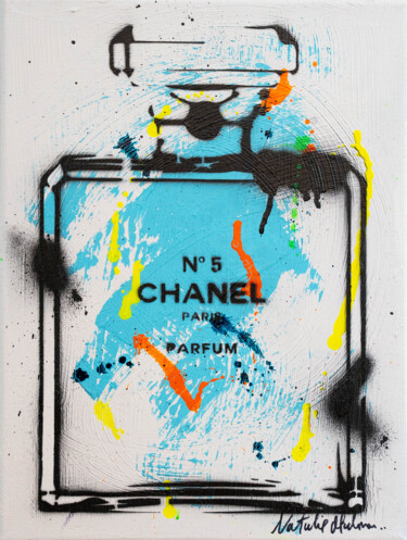 Painting titled "CHANEL BLUE HAWAII" by Natalie Otalora, Original Artwork, Acrylic Mounted on Wood Stretcher frame
