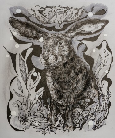 Dessin intitulée "Lunar rabbit" par Natalie Roy, Œuvre d'art originale, Encre