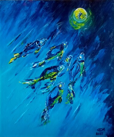 Malerei mit dem Titel ",, Moonfish,," von Natalie Rybka, Original-Kunstwerk, Öl Auf Keilrahmen aus Holz montiert